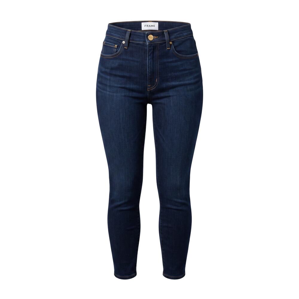 Frame dark wash denim jeans with five-pocket design, zip fly, gold-tone button,